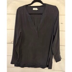 R‎ Label Black 100% Silk V Neck Long Sleeve Tunic Blouse Top Size M